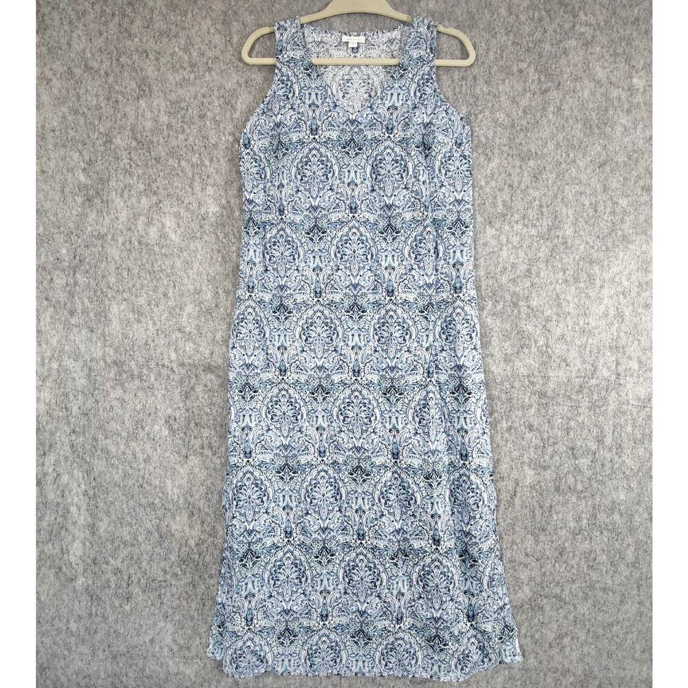 J Jill Love Linen Blue White V Neck Geometric Print Sleeveless Midi Maxi Dress